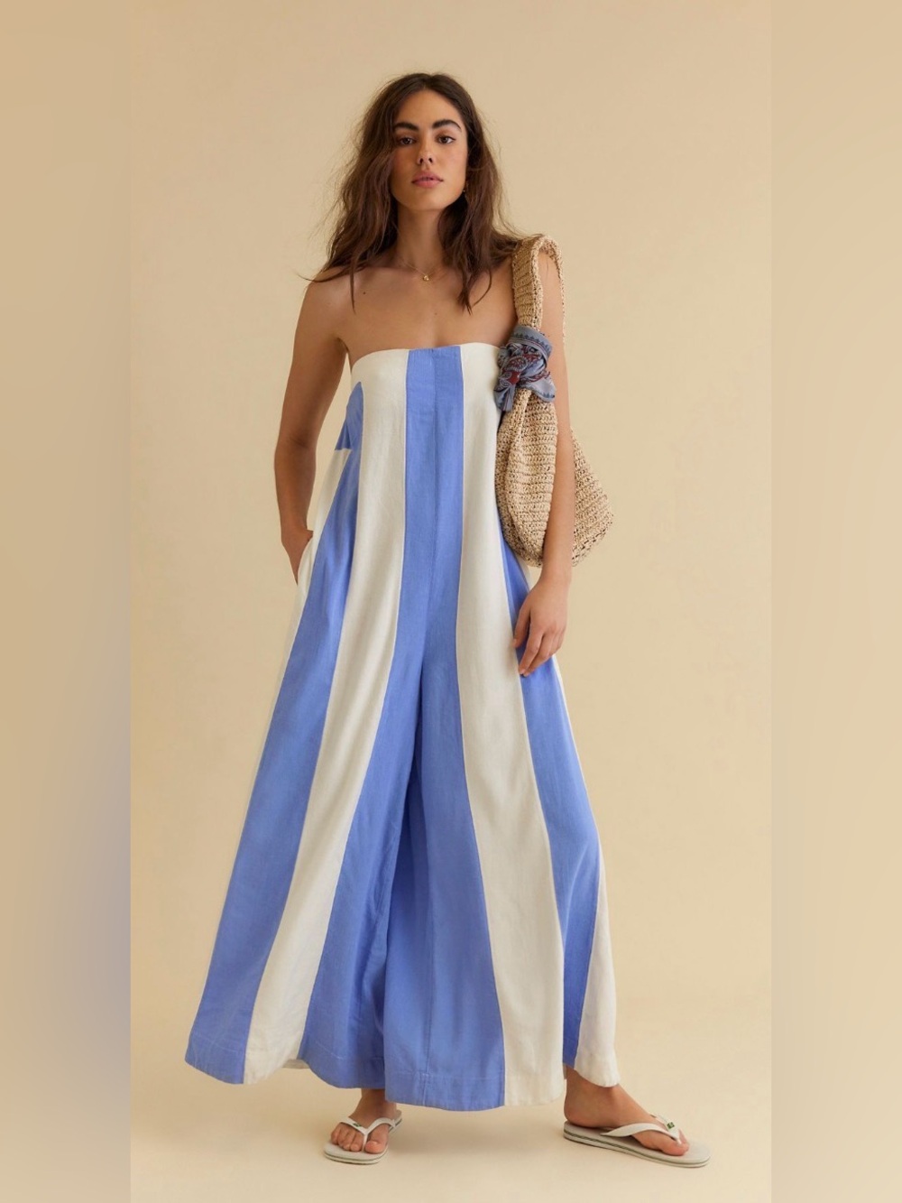 free people striped eden strapless jumpsuit blue vista combo